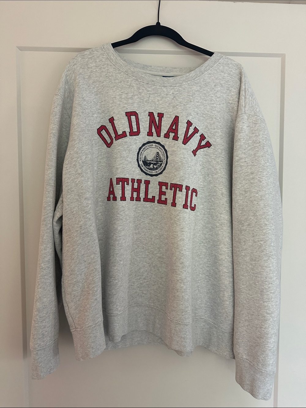 Old Navy Light Gray Crewneck Sweatshirt with Red Athletic Logo